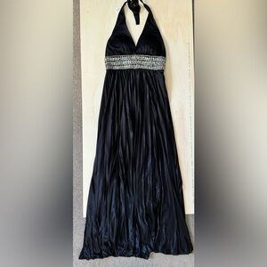 VTG XOXO Black Halter Maxi Dress Beaded Empire Waist Pleated size M